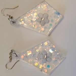 Earrings with white flowers and sparkle and a small CZ handcrafted by  Designer